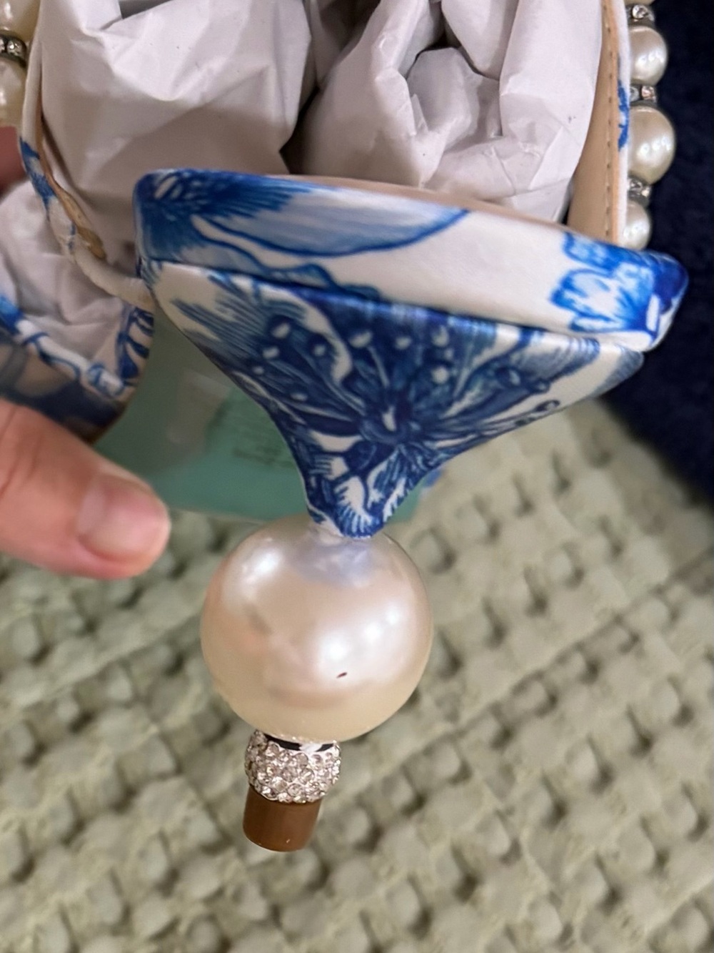 Betsey Johnson Blue and White Floral Pearl-Accented Heels